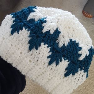 New-WOT Frozen Winter hat, hand crocheted, white teal